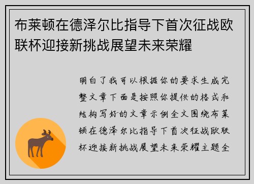 布莱顿在德泽尔比指导下首次征战欧联杯迎接新挑战展望未来荣耀