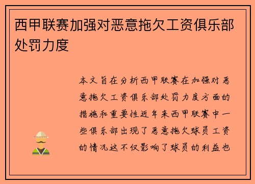 西甲联赛加强对恶意拖欠工资俱乐部处罚力度
