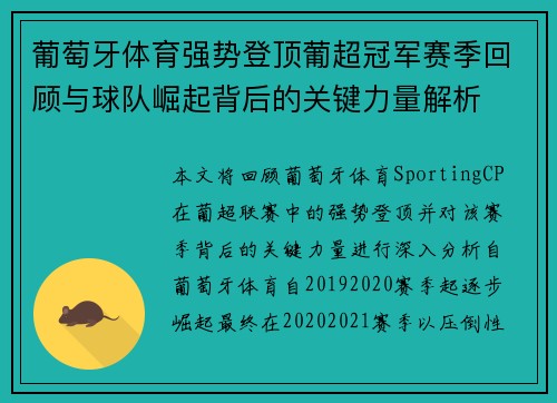 葡萄牙体育强势登顶葡超冠军赛季回顾与球队崛起背后的关键力量解析